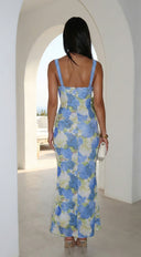 Azurae Floral Maxi Dress in Blue fabric drape close-up hemline and silhouette detail
