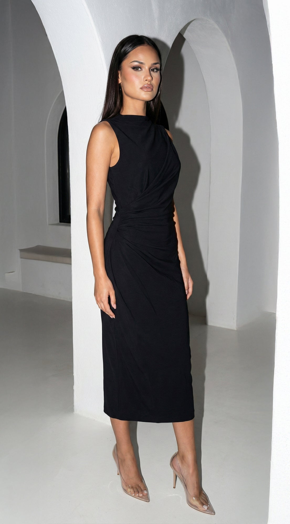 Stockholm Draped Black Midi Dress - Black