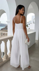 Orlaya Chiffon Wide Leg Jumpsuit in Off White side profile view on model