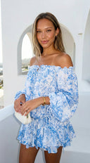 Bahama Floral Off Shoulder Ruffle Mini Dress in Blue styled outfit flat lay