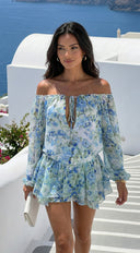 Cyrene Floral Off-Shoulder Mini Dress in Shoulder Mini Dress - Floral Green full length front view on model
