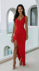 Marena Ruched Maxi Dress - Red