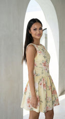Positano Floral Print Mini Dress in Yellow seam and edge finishing detail
