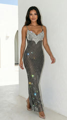 Maravelle Rhinestone Mermaid Maxi Dress - Black