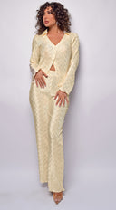Elliana Vanilla Beige Satin Set full length front view on model