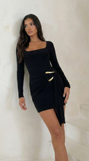 Aloria Square Neck Draped Mini Dress - Black