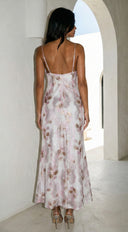 Eliara Floral Fold Over Maxi Dress in Pink hemline and silhouette detail