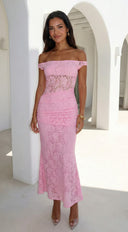 Roselune Lace Off Shoulder Dress in Pink full length three-quarter angle