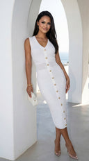 Dominique Button Knit Midi Dress in Off White seam and edge finishing detail