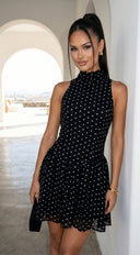 Colette Polka Dot High Neck Mini Dress in Black embellishment and trim close-up