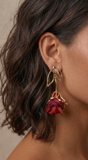 Fleur Leaf Fabric Rose Drop Earrings - Red