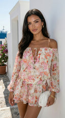 Cyrene Floral Off-Shoulder Mini Dress in Shoulder Mini Dress - Floral Pink hemline and edge detail hemline a additional angle