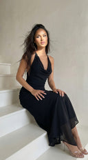 Lecce Halter Maxi Dress in Black back hemline and length on model