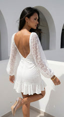 Nerano Lace Ruffle Asymmetric Mini Dress in White styled look from behind