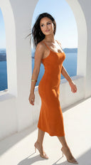 Sana Ribbed Side Slit Cami Midi Dress in Orange Rust stitching and texture close-up hemline and silhouette det texture detail