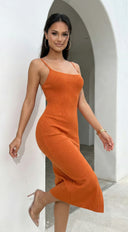 Sana Ribbed Side Slit Cami Midi Dress in Orange Rust stitching and texture close-up hemline and silhouette detail