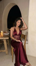 Ravena Lace Satin Detail Halter Maxi Dress in Red back view on model