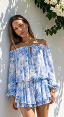 Bahama Floral Off Shoulder Ruffle Mini Dress in Blue seam and edge finishing detail