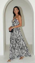 Noemiya Zebra Pleated Halter Maxi Dress - White
