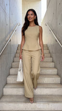 Avelora Pinstripe Tailored Set in Beige side profile view on model