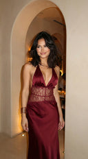 Ravena Lace Satin Detail Halter Maxi Dress in Red side profile view on model