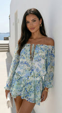 Cyrene Floral Off-Shoulder Mini Dress in Shoulder Mini Dress - Floral Green detail shot of stitching and fin additional angle