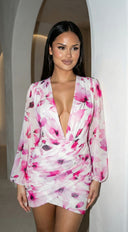 Deniz Surplice Mini Dress in Floral Pink full length front view on model