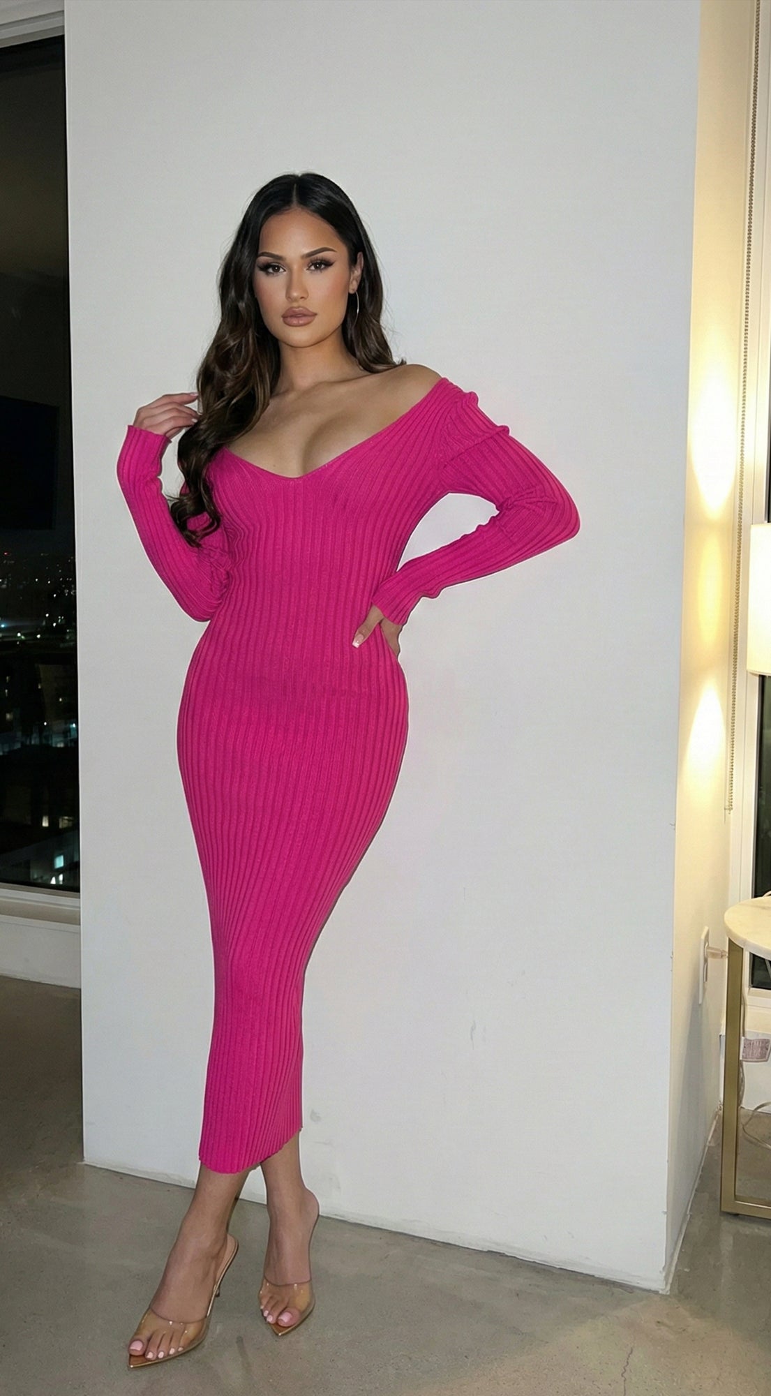 Lio Off Shoulder Ribbed Midi Dress - Pink