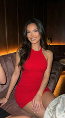 Olesya Open Back Ribbed Mini Dress in Red side profile view on model