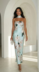 Elysira Reverse Halter Floral Satin Maxi Dress - Mint Blue