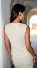 Camille Knit Two Piece Set in Cream White stitching and texture close-up hemline and silhouette detail
