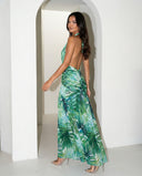 Capri Halter Tropical Print Maxi Dress in Green full length three-quarter angle