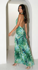 Capri Halter Tropical Print Maxi Dress in Green close-up of halter neckline