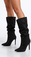Krystal Rhinestone Ruched Heeled Boots - Black