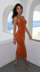 Sana Ribbed Side Slit Cami Midi Dress in Orange Rust close-up of neckline and shoulder detail