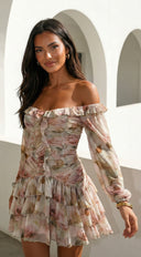 Sorrento Garden Floral Off Shoulder Ruffle Mini Dress - Beige Multi