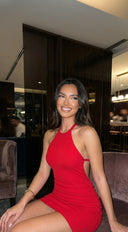 Olesya Open Back Ribbed Mini Dress in Red back view on model