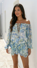 Cyrene Floral Off-Shoulder Mini Dress in Shoulder Mini Dress - Floral Green hemline and edge detail hemline  additional angle