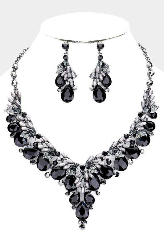 Crystal Black Teardrop Glass Vine Collar Necklace & Earrings Set