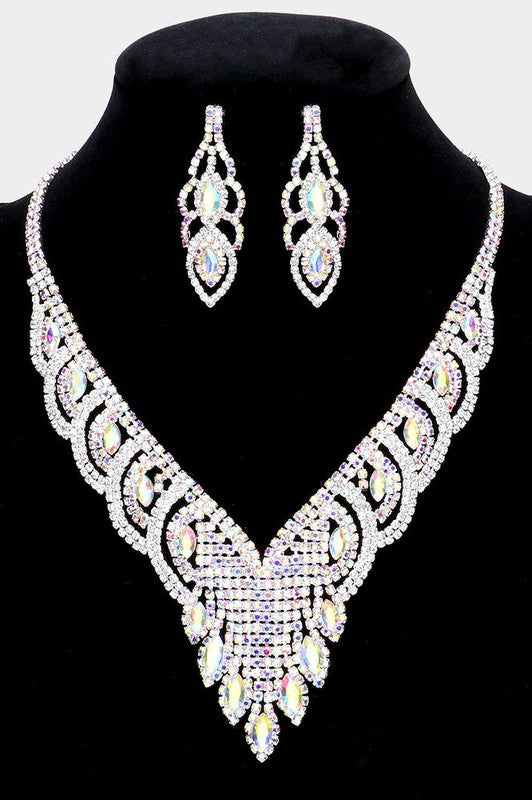 Marquise Silver Stone Accented Rhinestone Aurora Borealis Necklace & Earrings Set