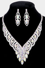 Marquise Silver Stone Accented Rhinestone Aurora Borealis Necklace & Earrings Set