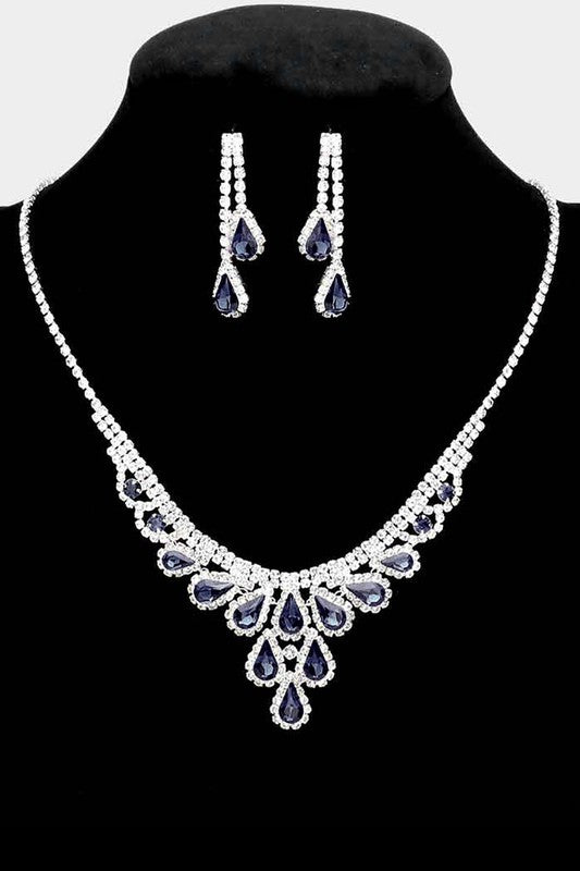 Sparkle Away Blue Midnight Rhinestone Trim Teardrop Stone Accented Necklace & Earrings Set