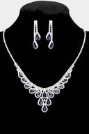 Sparkle Away Blue Midnight Rhinestone Trim Teardrop Stone Accented Necklace & Earrings Set