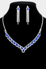 Shine & Glow Blue Sapphire Teardrop Stone Accented Collar Rhinestone Necklace & Earrings Set