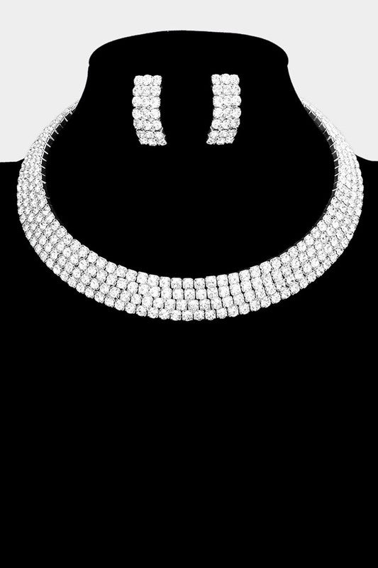 Exquisite Delicacy Silver Crystal Rhinestone Choker Necklace & Earrings Set