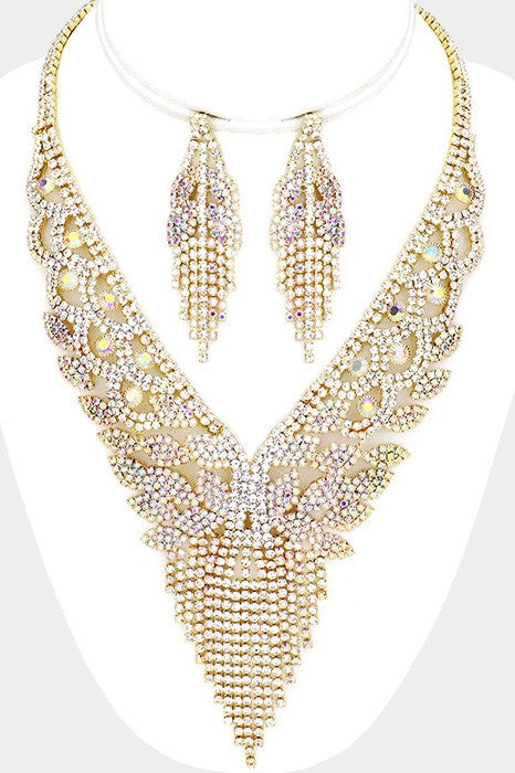 Pave Gold Rhinestone Floral V Collar Necklace & Earrings Set