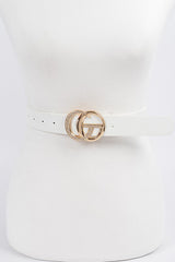 White Rhinestone Double G Buckle Faux Leather Belt