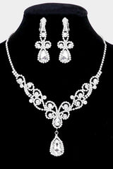 Confidence Silver Teardrop Crystal Rhinestone Vine Drop Collar Necklace & Clip on Earrings Set