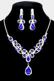 Confidence Blue Teardrop Crystal Rhinestone Vine Drop Collar Necklace & Clip on Earrings Set