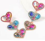 Love You More Heart Pink Multi Rhinestone Earrings